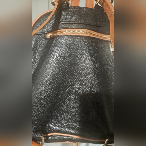 VALENTINA Leather Sling Triple Compartment Bookbag In Black With Tan Trim. - Picture 6 of 16